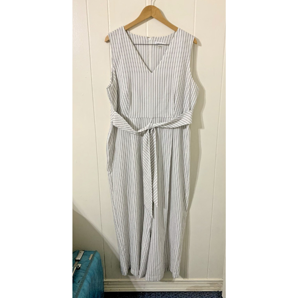 Calvin Klein White & Gray Striped Sleeveless Jumpsuit Size 16